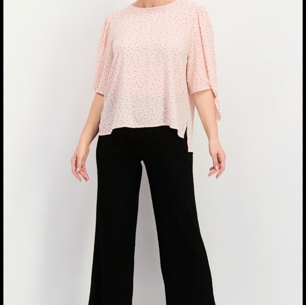 CeCe Women's Pink Polka Dot Blouse with tie sleeves, Size Small